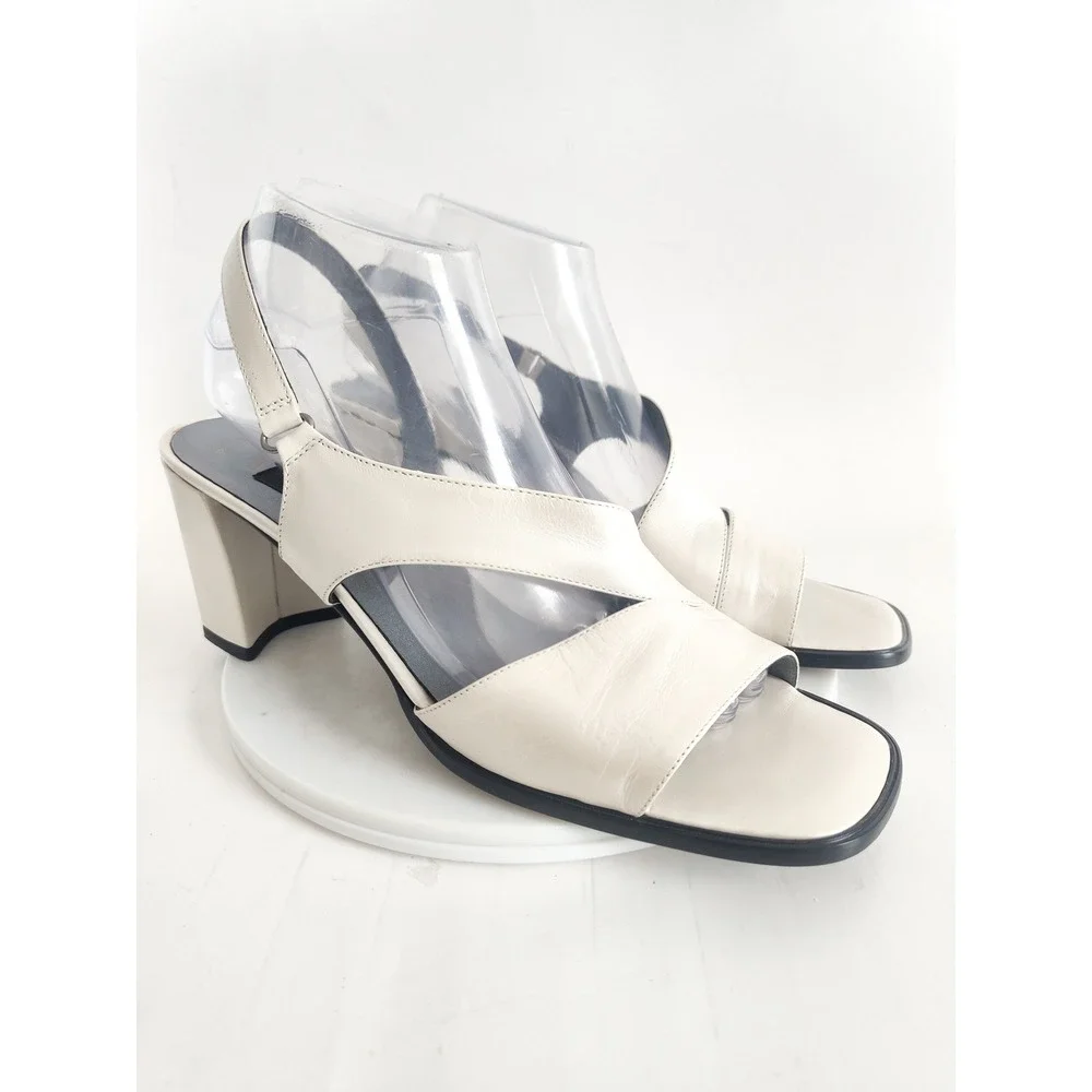 Amalfi Sandals 10 90s Slingback‎ Cream Leather Square Toe Block Heel Italy Vtg